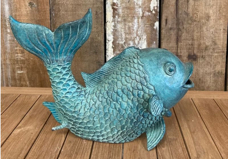 Bronze Garten Skulptur "bronzener Fischbrunnen" L 35 cm, Wasserspeier