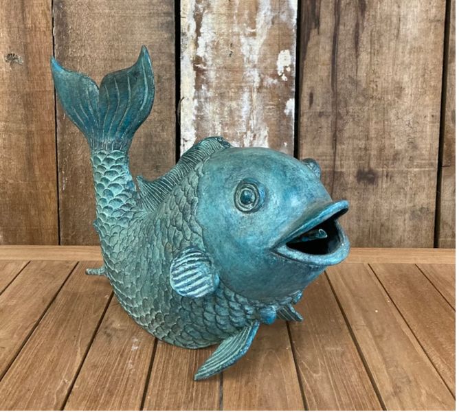 Bronze Garten Skulptur "bronzener Fischbrunnen" L 35 cm, Wasserspeier