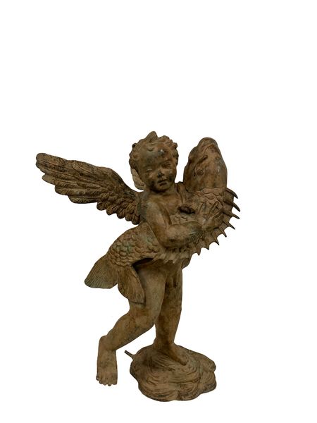 Bronze Skulptur "Junge mit Fisch" antik braun-grau H 75 cm