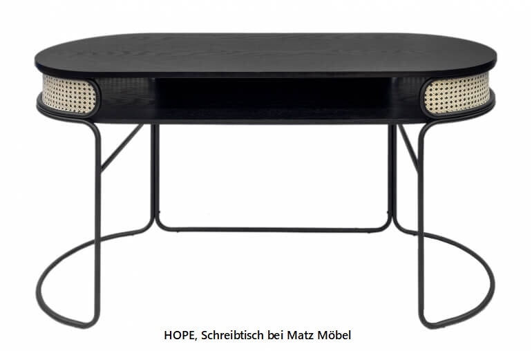 HOPE, Designer Schreibtisch hell Rattan & schwarzes Holz