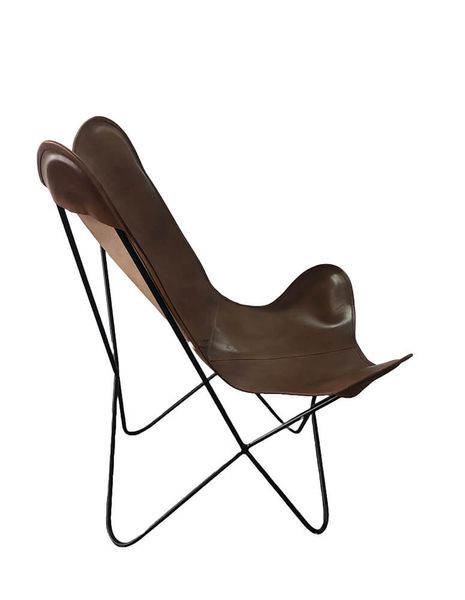 TEO, Loungesessel braun vintage Leder mit Metallbeinen, Butterfly Sessel Büffelleder