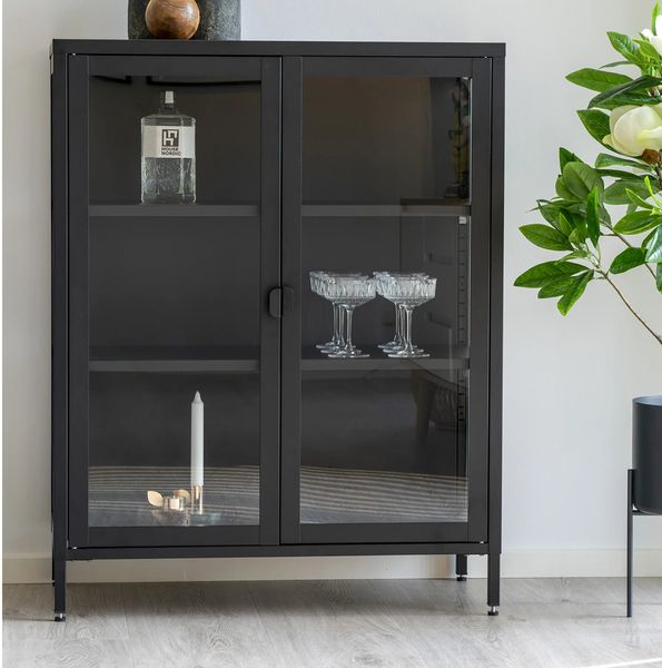 SINA, Vitrine Metall schwarz mit Glastüren, Highboard-Vitrine industriell