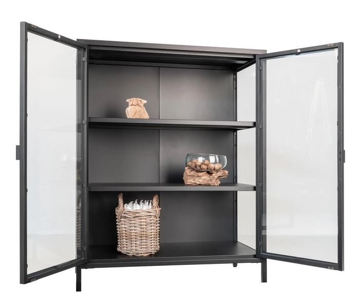 SINA, Vitrine Metall schwarz mit Glastüren, Highboard-Vitrine industriell