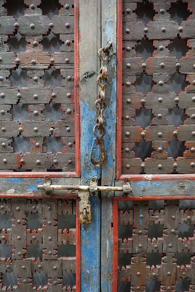 12, altes Holz Tor vintage blau-rot, Doppeltür mit Eisengitter