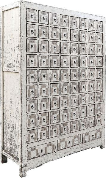 JONG, alter antiker Medizinschrank mit 75 Schubladen shabby weiß, antike Möbel