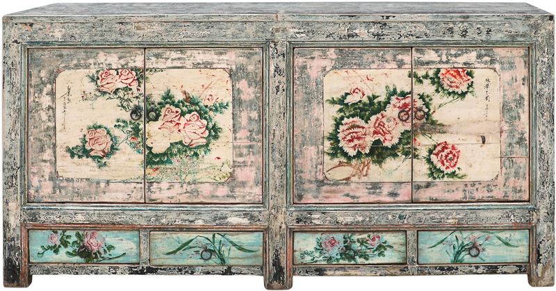 Antikes Sideboard, Anrichte 181 cm breit mit Blumen Malerei