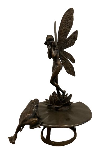 Garten Skulptur "Bronze Fee mit Frosch" H 60 cm, Gartenbrunnen Wasserspeier
