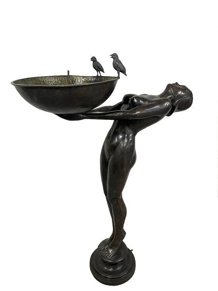 Garten Brunnen Skulptur Bronze Art Deco "Lady mit Vogelbad"