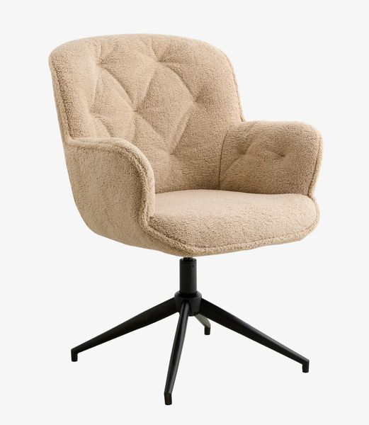 LUNA, Bürostuhl beige Bouclé-Stoff-schwarzer Metallfuß, Drehstuhl