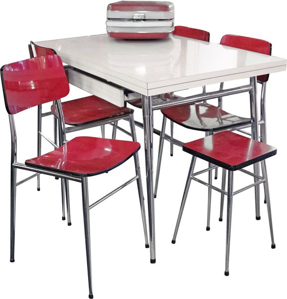Esszimmer Set, Retro 1 Tisch, 4 Stühle, 1 Hocker