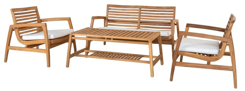 Modernes Garten Lounge-Set 4 Teile massiv Teakholz mit weißen Kissen