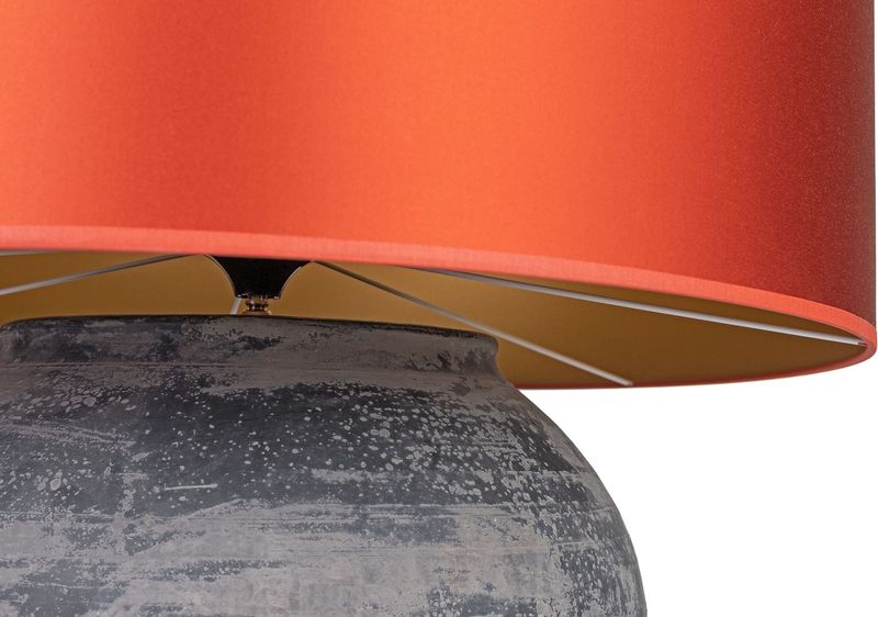 TL-399, Große Tischlampe Keramik mit rot-orange Schirm, Vasenlampe antikes Unikat