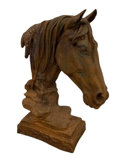 Garten-Figur Gusseisen "Pferdekopf" rostig, Gartendekoration im Landhausstil