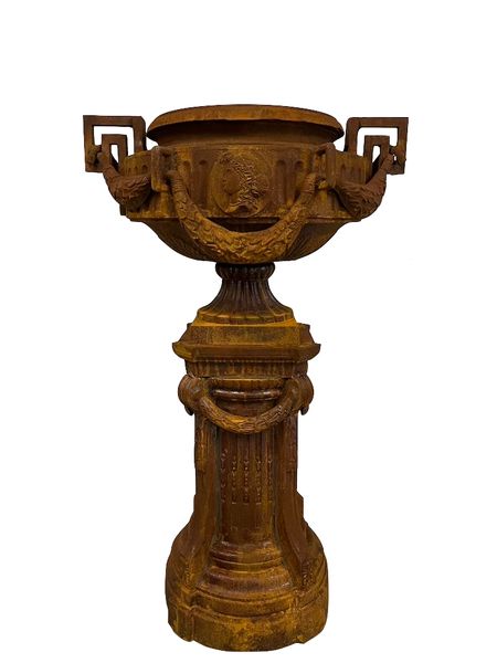 Gusseisen Pflanzkübel auf Sockel H 142 cm, Amphore antik rostig