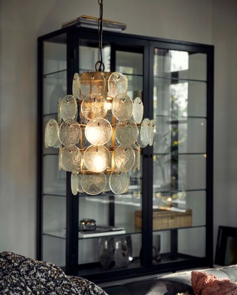 MARTA, Deckenlampe H 50 cm gold mit Glasmünzen rund, Kronleuchter