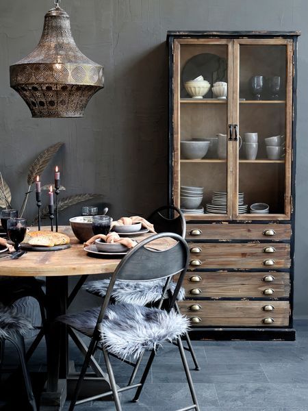 Vitrine Holz JESS, 2 Glastüren und 4 Schubladen Landhausstil