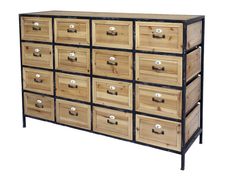 KEN, Industriedesign Kommode Holz-Metall, Sideboard mit 16 Schubladen