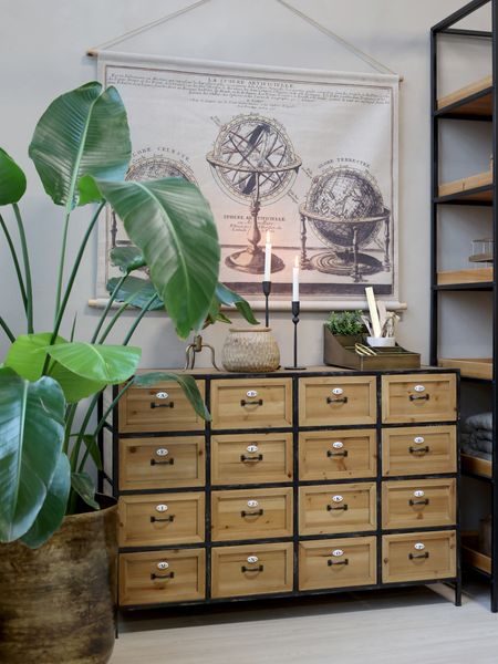 KEN, Industriedesign Kommode Holz-Metall, Sideboard mit 16 Schubladen