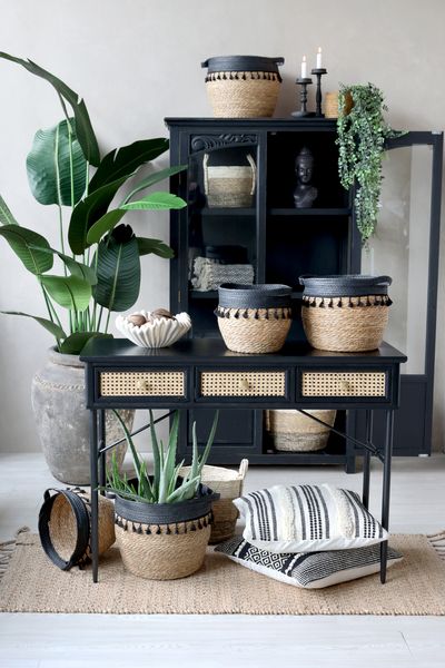 Konsolentisch ASTA schwarz Holz & natur Rattan 3 Schubladen Landhausstil