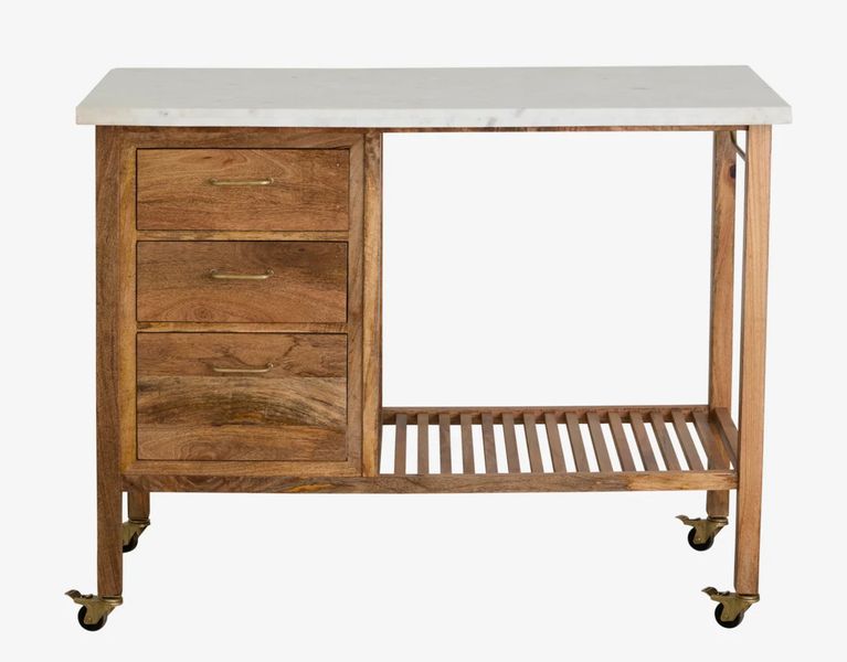 MALU, Kücheninsel, Konsolentisch Holz & weiß Marmor im Landhausstil