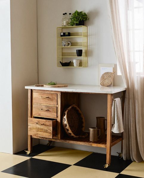 MALU, Kücheninsel, Konsolentisch Holz & weiß Marmor im Landhausstil