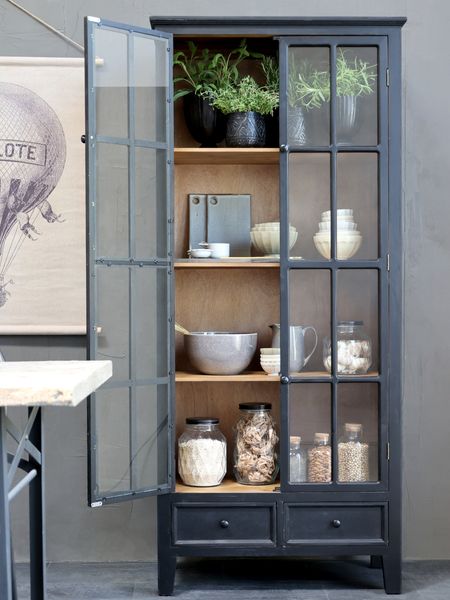 Matz Möbel Landhaus Vitrine Höhe 182 cm schwarz-natur Holz
