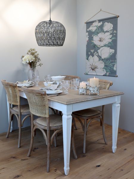 ALBA, Esszimmerstuhl 2 Stück Rattan & Holz shabby weiß, Landhausstuhl