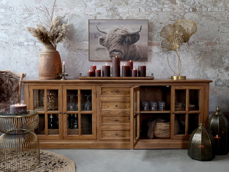 RIKO, Sideboard-Vitrine natur antik Holz Landhausstil