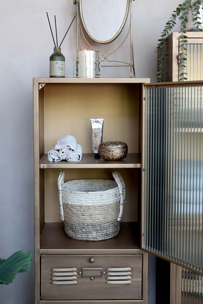 LUCI, Kleine Vitrine antik Messing 1 Glastür & 3 Klapptüren
