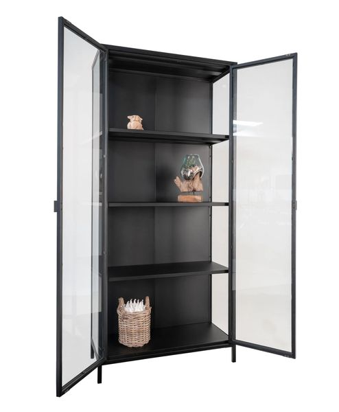SINA, Vitrine Metall schwarz mit Glastüren H 175 cm, Vitrinenschrank