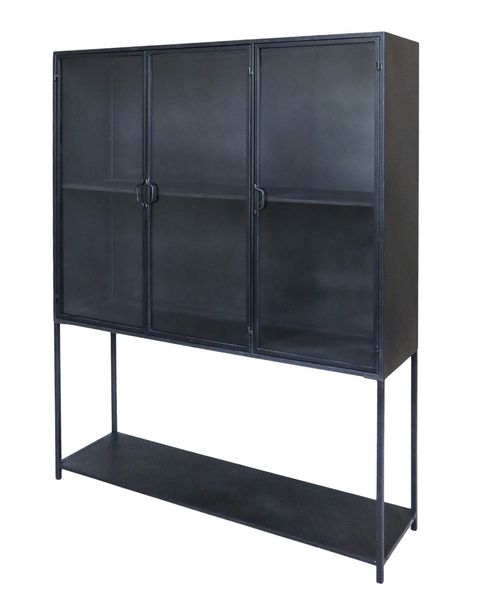 Metall Vitrine JAN, H 175 cm schwarz, Metallschrank 3 Glastüren + 1 Regal