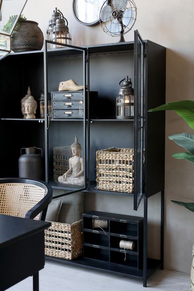 Metall Vitrine JAN, H 175 cm schwarz, Metallschrank 3 Glastüren + 1 Regal