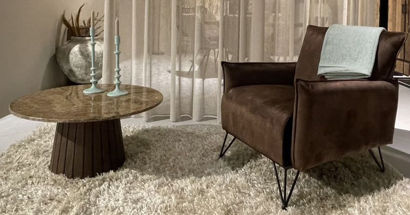 KING, Couchtisch rund 80 cm braun Marmor-Holz, Säulentisch