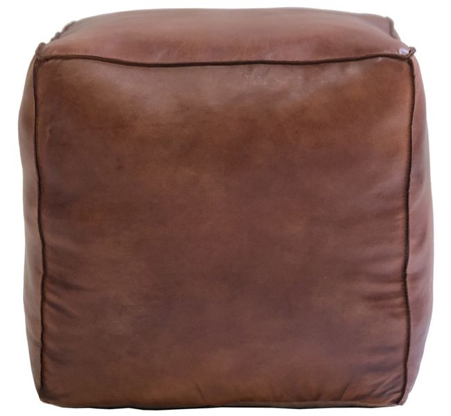 Naturbrauner Leder Pouf Würfel, trendiges Bodenkissen