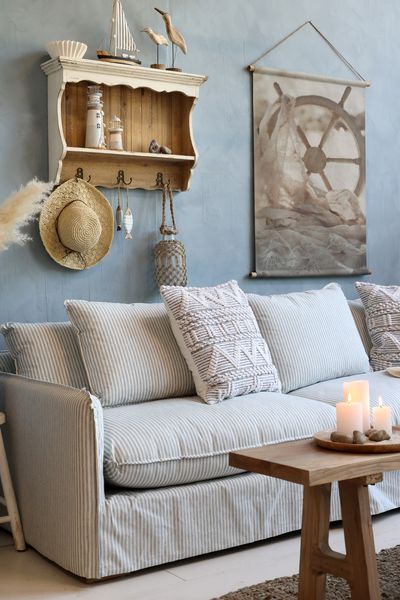 Matz Möbel Landhaus Sofa NELE blau-creme gestreift 3 Sitzer