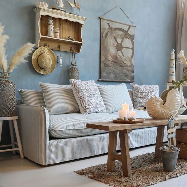 Matz Möbel Landhaus Sofa NELE blau-creme gestreift 3 Sitzer