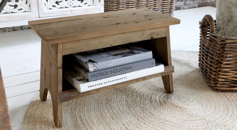 JAN, kleine Bank, Hocker B 50 cm mit Ablage aus Recyclingholz