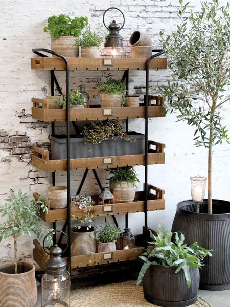 KAY, Regal mit 5 Holz-Tabletts auf Rädern industrial