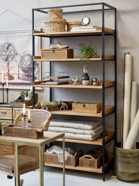JUNE, Industriedesign Regal mit 6 Fächern Holz-Metall