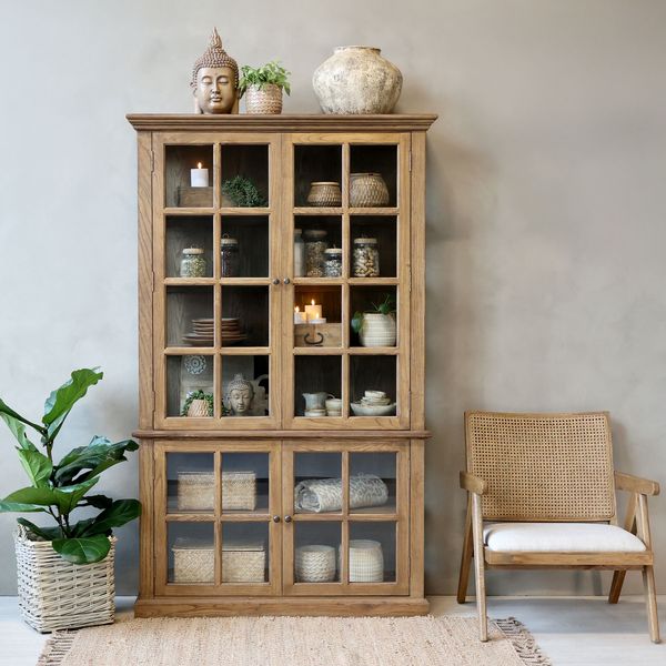 RIKO, Vitrine mit 4 Türen antik natur Holz im Landhausstil