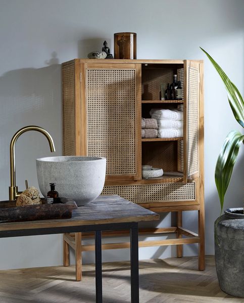 VITA, Schrank Holz-Rattan, Wohnzimmerschrank mit Wiener Geflecht