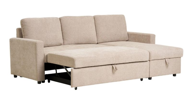 BELA, Sofa 2 Sitzer und Récamiere, Schlafcouch Stoff beige