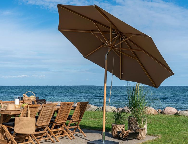 LISA, Sonnenschirm rund D 300 cm beiger Stoff & Holz Gestell