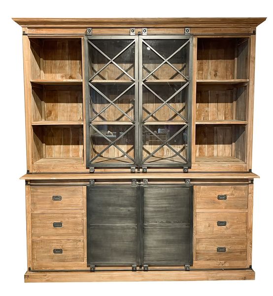MELLI, Buffetschrank, Vitrine Teak-Holz & Metall mit Rolltüren