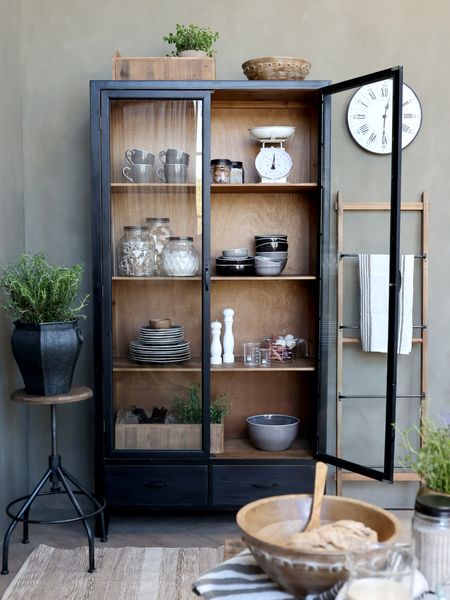 Landhaus Vitrine KLARA H 195 cm Holz schwarz-natur