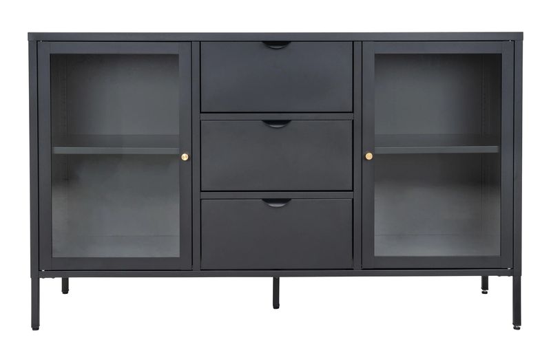 SINA, Vitrine-Sideboard Metall schwarz mit 3 Schubladen und 2 Glastüren, Anrichte