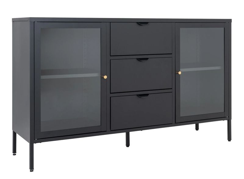 SINA, Vitrine-Sideboard Metall schwarz mit 3 Schubladen und 2 Glastüren, Anrichte