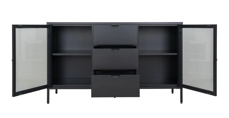 SINA, Vitrine-Sideboard Metall schwarz mit 3 Schubladen und 2 Glastüren, Anrichte