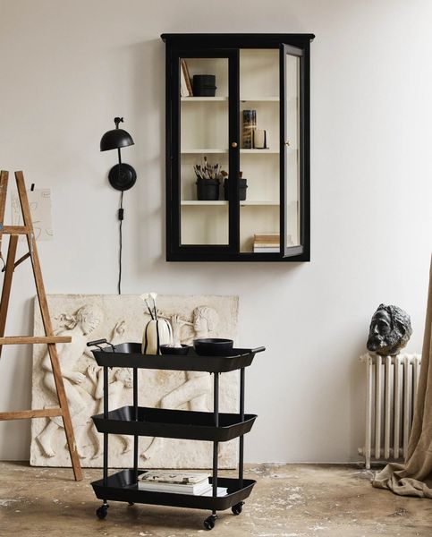 NELLY, Wandvitrine H 120 cm weiß-schwarz Holz im Landhausstil