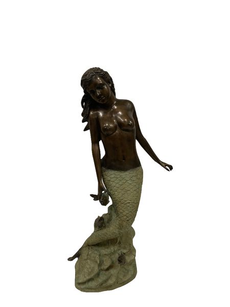 Garten Brunnen "Bronzene Meerjungfrau mit Fisch", Wasserspeier H 102 cm